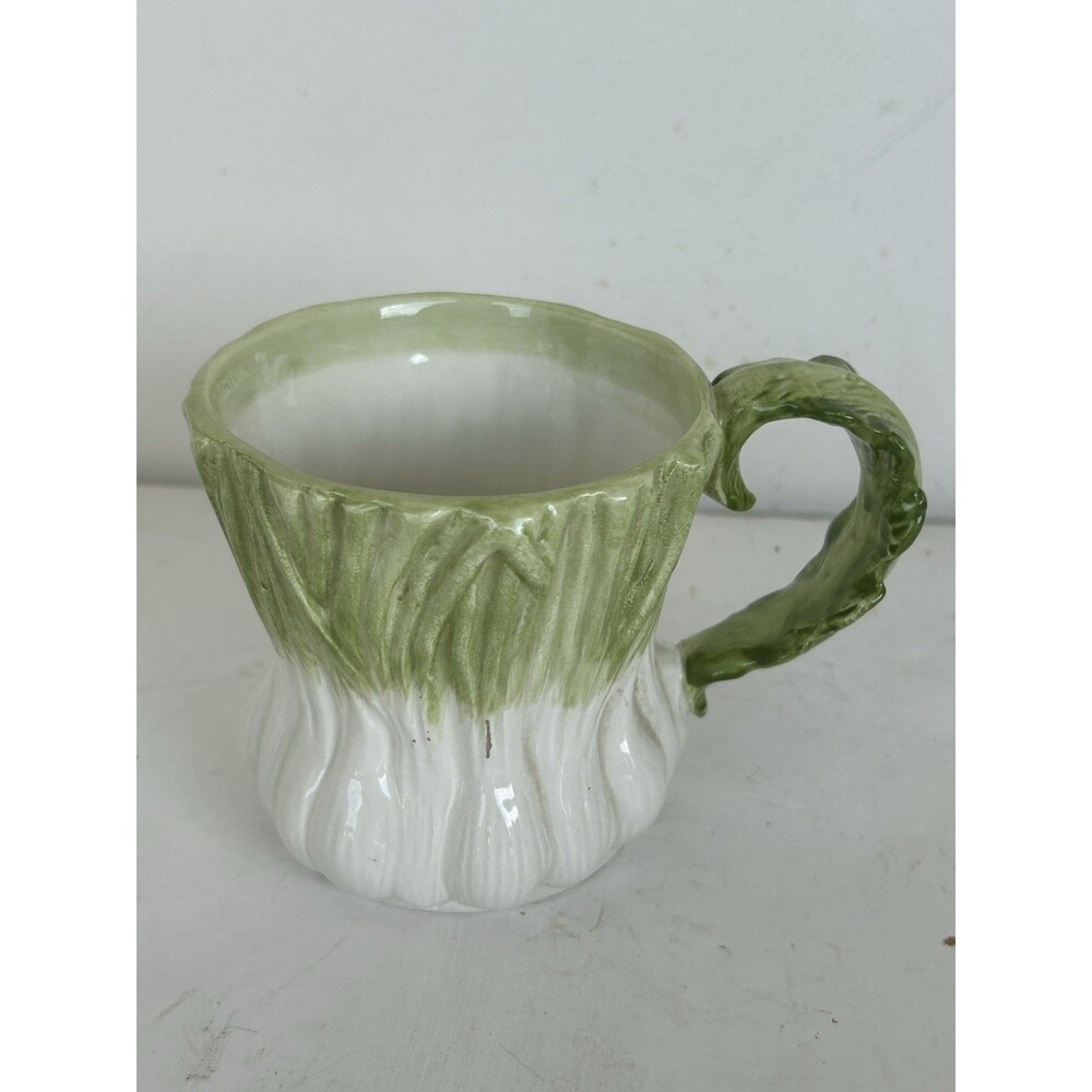 Vintage 1988 FTF Ceramic Cabbage Mug Cup Green White Leaf Handle 4.5”